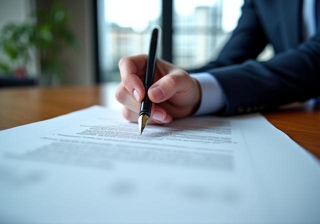 Close up of a legal professional hand signing a bespoke agreement in a London office